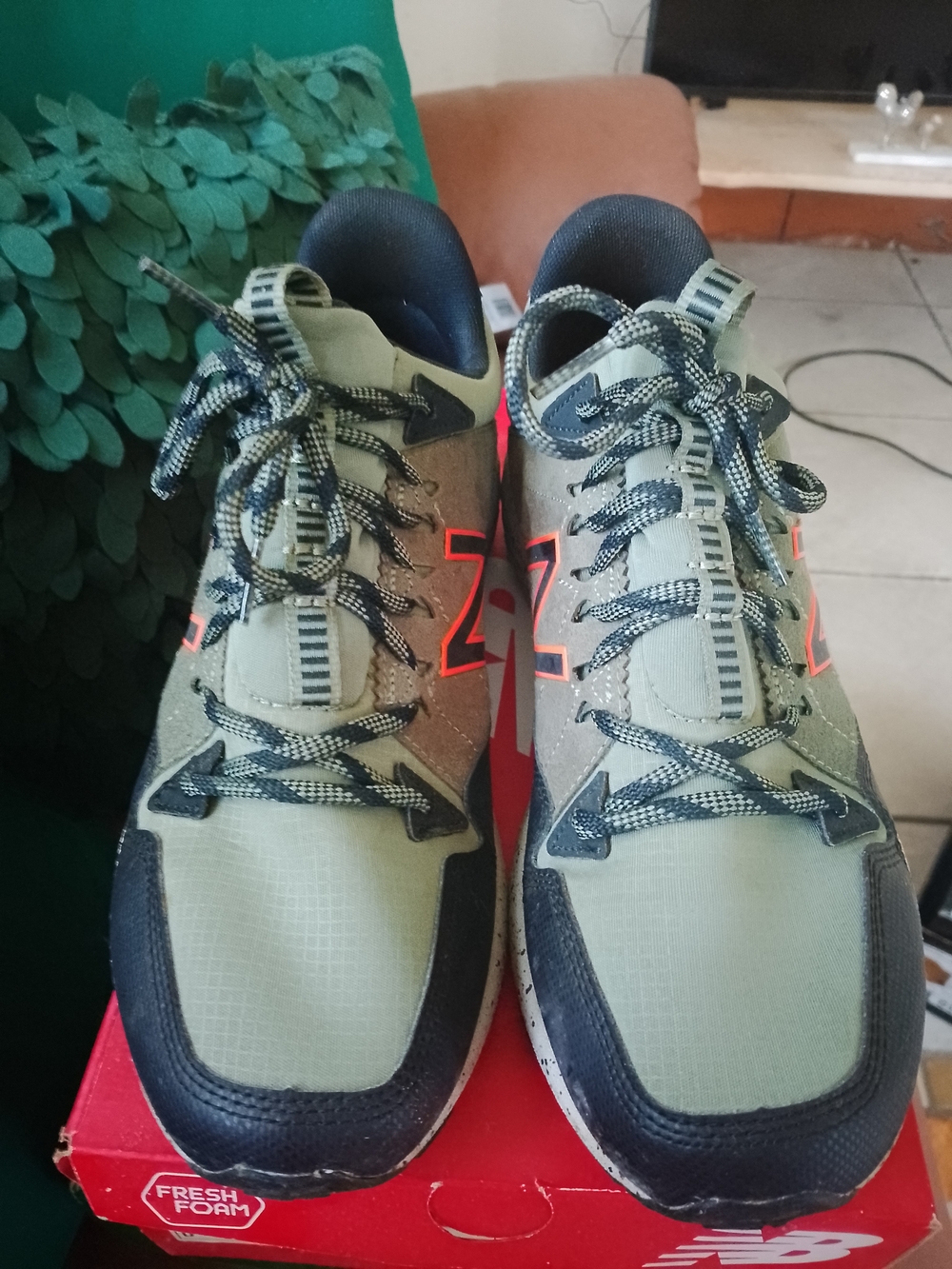 New Balance Olive Green and Black Men's Sneakers with Orange Accent
